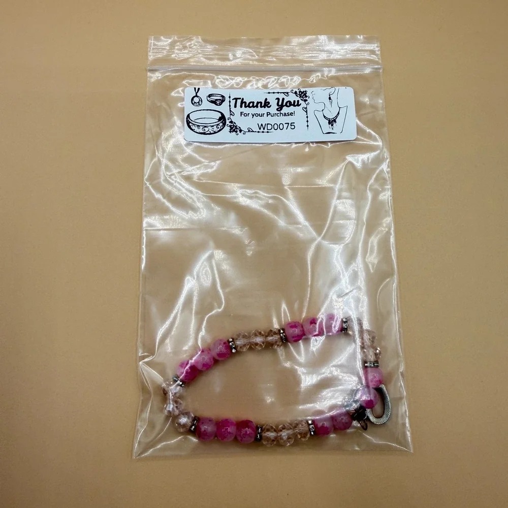 Pink Crystal Beaded Heart Charm Stretch Bracelet Romantic Coquette Statement